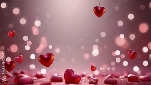 Romantic Valentine background with glowing red and pink hearts and soft bokeh lights. Elegant abstract scene ideal for love, celebration, and festive designs.