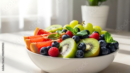 Fresh Fruit Bowl with Kiwi Raspberry Blueberry and Grapes on White Table