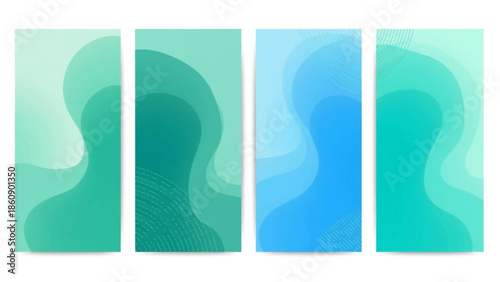 Abstract digital art panels featuring gradient shapes and wavy lines in shades of green and blue