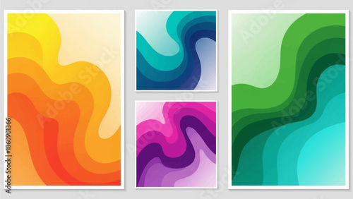 Vibrant abstract art pieces featuring wavy patterns in various colors and gradients displayed together