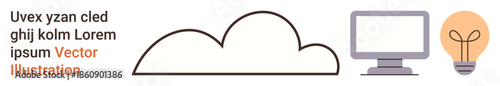 Technology, innovation, cloud computing, data storage, modern business, creativity. Minimalist cloud, computer monitor and light bulb icons. Cloud computing and innovation concept