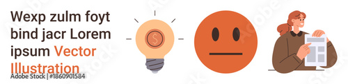 Creativity, innovation, communication, emotions, information sharing, literacy. Icon of lightbulb, neutral face and person reading a document. Creativity and innovation concept