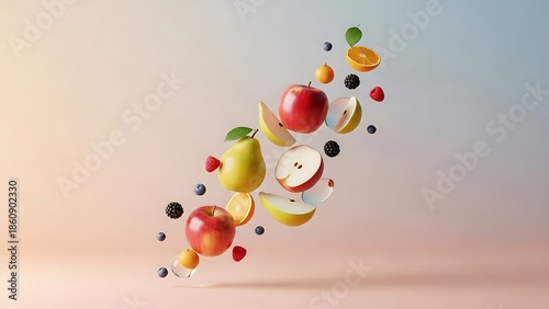 Colorful Fruit Splash with Apples Pears and Berries in Midair