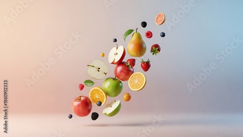 Fruit Uprising Floating in Mid Air Over Gradient Background