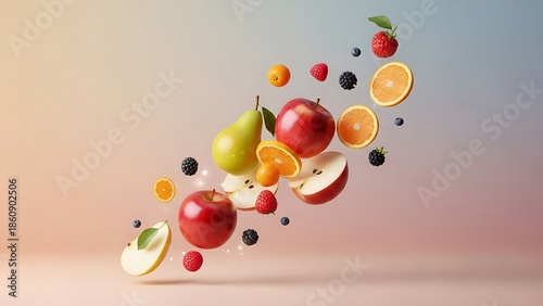 Fruits and berries in midair with sliced orange apple pear and berries