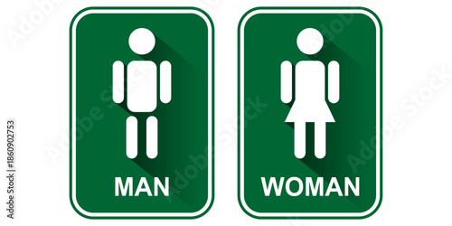 Universal Green Male and Female Restroom Signs in Flat Design with Long Shadow, Perfect Vector Illustration for Public Spaces, Offices, Hotels, and Airports Wayfinding and Accessibility