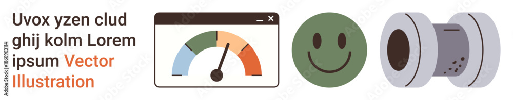 Fototapeta premium Productivity, performance tracking, user interface, feedback, workflow, industrial design. A gauge meter, happy face and spool. Productivity and performance tracking concept