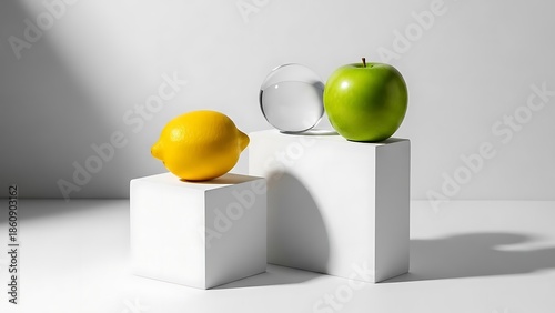Lemon and Apple on White Pedestals with Glass Orb
