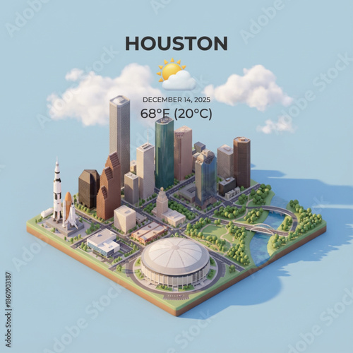 Isometric 3D illustration depicting a bustling metropolitan cityscape with iconic structures and a real-time weather information display