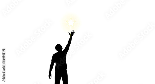 Man in black silhouette reaching up towards bright light with one hand raised high in air on white background
