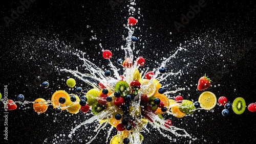 Colorful Fruit Splash Freeze Frame with Water Droplets