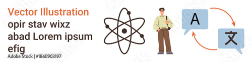 Language learning, scientific research, education, translation services, multilingual communication, technology. Atom symbol, male character speech bubbles with language icons. Language learning