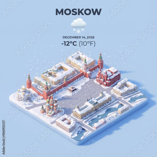 Isometric vector illustration of Moscow's iconic Red Square and Kremlin under winter snow. Charming digital graphic depicting the cold Russian capital