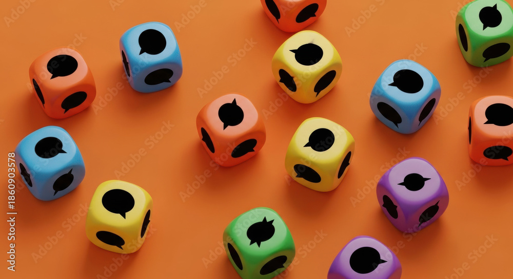 Obraz premium Top view of vibrant dice with speech bubbles scattered on an orange background, conveying a playful communication concept and message exchange.