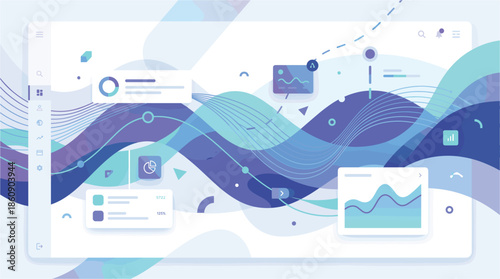 Modern analytics dashboard interface with flowing data waves charts widgets and abstract financial visualization for business intelligence technology platforms