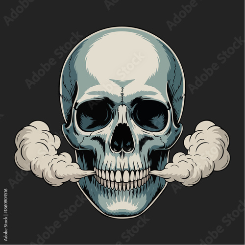 Stylized skull emitting smoke for dramatic impact.