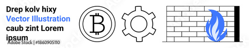 Bitcoin logo, gear symbol, and firewall with flame representing cryptocurrency, tech development, security. Ideal for blockchain, innovation, finance, cybersecurity digital assets growth themes