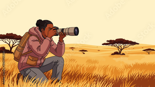 Woman photographer in savanna with acacia trees, wildlife photography, safari adventure, capturing nature's beauty