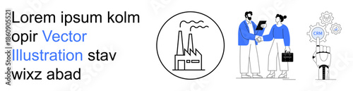 Business solutions, industrial innovation, CRM integration, teamwork, corporate collaboration, and productivity. Handshake between two professionals, factory and CRM icon. Business solutions