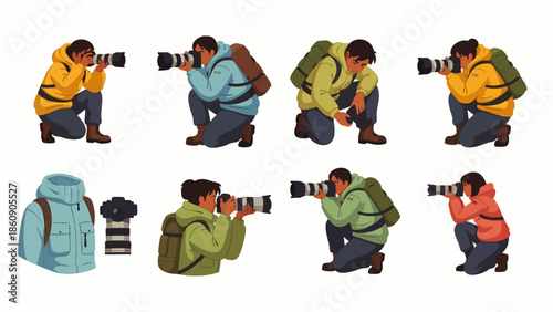 Diverse cartoon photographers in various action poses, crouching with professional cameras and telephoto lenses, ready for outdoor and wildlife photography.
