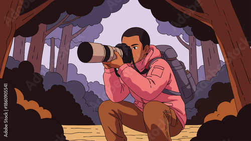 Man with camera photographing wildlife in a forest, adventure and nature photography concept