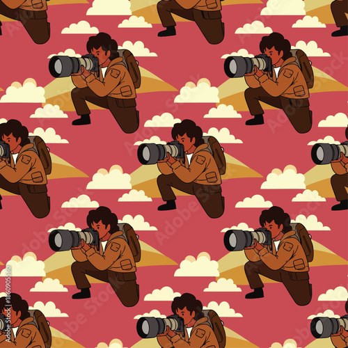 Seamless pattern of a photographer with a large lens, crouching, with clouds and mountains in the background
