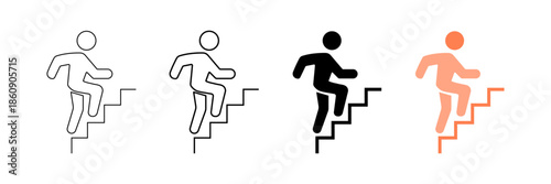 Set of minimalist person climbing stairs icons with transparent background, depicting progress, success, ambition, and upward movement, vector illustration