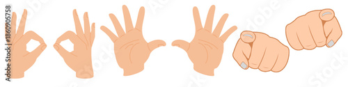 Collection of hand gesture icons including OK sign, pointing, fist, and open hand. Suitable for communication design, UI icons, and instructional graphics.