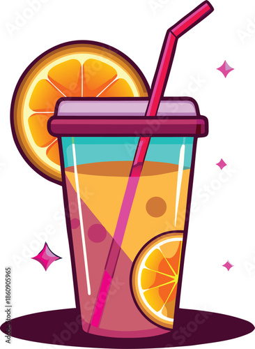 Fresh orange juice in plastic cup with straw and fruit slices flat vector illustration for summer refreshment and cafe menu design