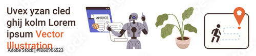 Artificial intelligence, automation, navigation, technology, finance, sustainability. A robot interacting with data, plant in a pot navigation icon and invoice app. Artificial intelligence
