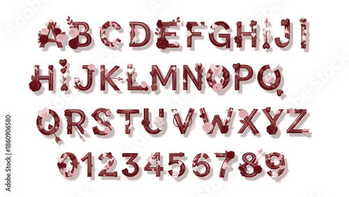 Creative Alphabet and Number Set Featuring Floral and Heart Motifs, Perfect for Design Projects
