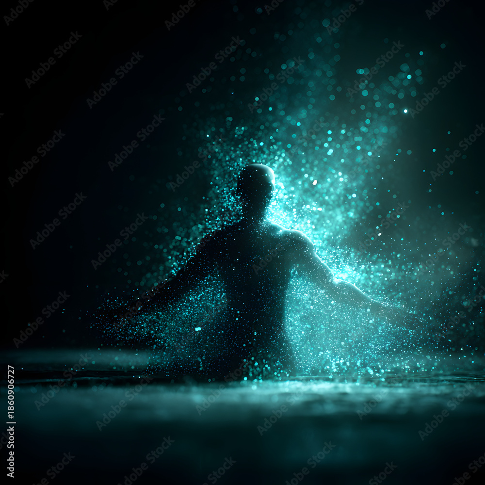 Fototapeta premium A dark human silhouette emerges from a surface, arms outstretched, enveloped in a vibrant cloud of sparkling, luminous teal particles against a dark background.