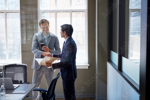 Canvas-taulu Business, documents or men handshake with notebook for legal advice, settlement negotiation or deal