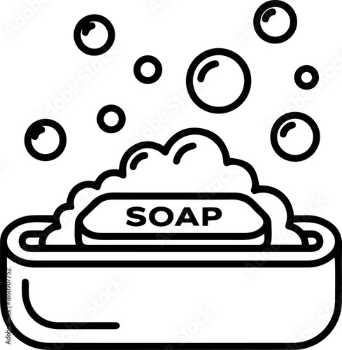 Minimalist black and white line art vector icon of soap bar in a dish with bubbles for daily hygiene