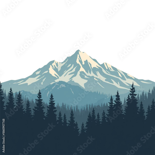 Majestic mountain peak towering above serene forest landscape illustration