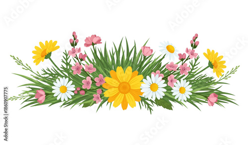 Flowers and grass border vector with chamomile and meadow blossoms isolated on white background