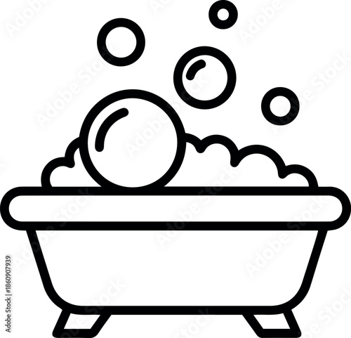 Minimalist black and white line icon of a bathtub filled with soap bubbles and foam for bathroom hygiene