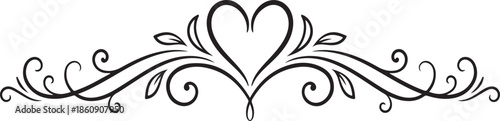 Elegant Decorative Heart Divider - Black Calligraphy Floral Swirl Border Vector for Wedding and Romantic Stationery Design