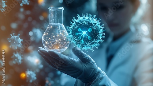 Scientist holding glowing flask with virus particles in lab