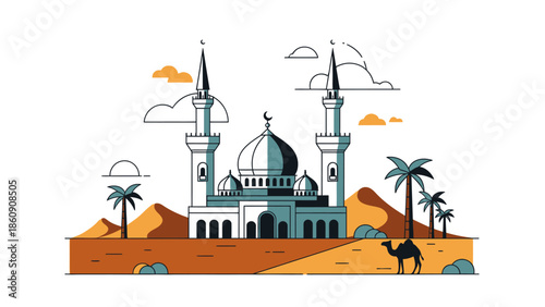Desert Mosque Oasis with Camel and Palm Trees - Flat Illustration