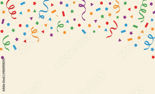Colorful Birthday Confetti and Streamers Background - Festive Party Celebration Border with Multi-Colored Falling Ribbons