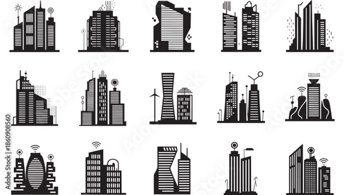 A collection of 15 black and white illustrations of various buildings and structures from different viewpoints
