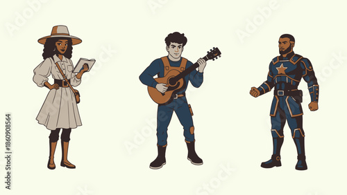Diverse Characters: Explorer, Musician, Superhero Trio on Cream Background