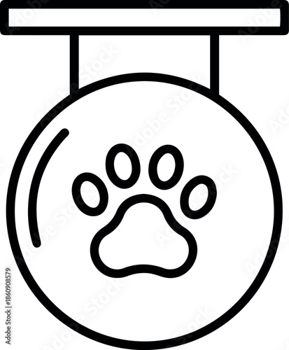 Minimalist line art icon of a hanging circular sign with a paw print for pet shops, veterinary clinics, and grooming
