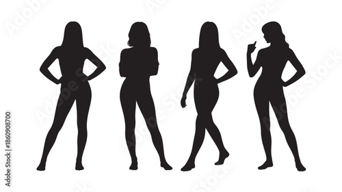 Silhouettes of women posing confidently in various stances against a white background
