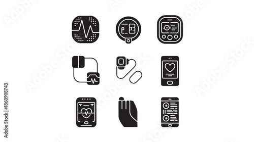 Collection of medical icons representing health and technology on a clean white background
