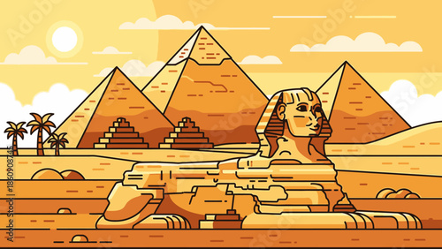 Egyptian Sphinx and Pyramids Landscape, Desert Landmark, Ancient Civilization