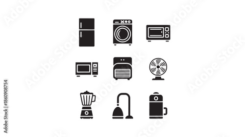 Collection of household appliances and gadgets icons in black and white