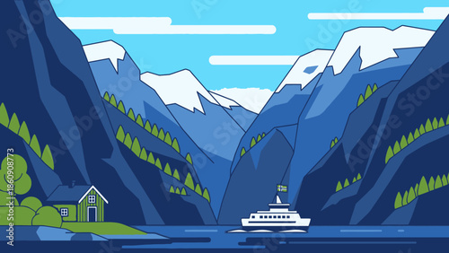 Fjord Landscape with Ferry Boat and Mountains - Flat Vector Illustration