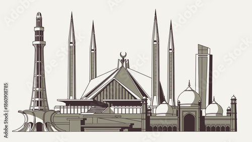 Faisal Mosque and Modern Buildings Skyline, Islamabad, Pakistan - Vector Illustration